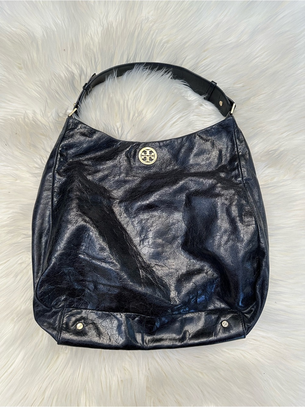 Tory Burch Black Leather Shoulder Hobo with Gold Logo
